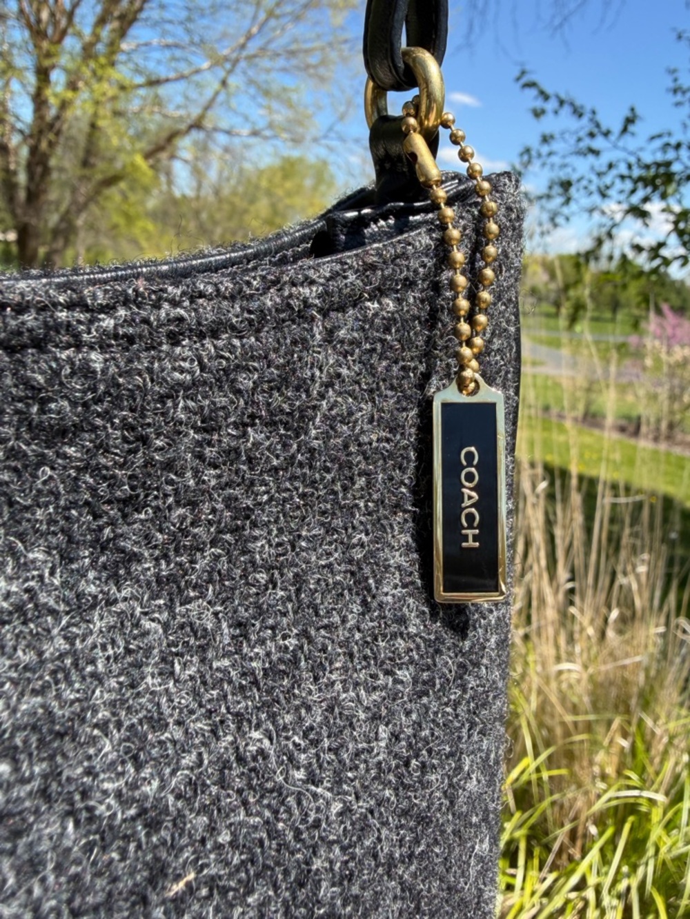 Vintage COACH Wool Hobo Small Charcoal Grey Black Leather 8308 EUC - Picture 5 of 17